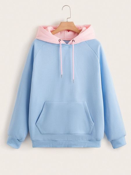 

plus kangaroo pocket raglan sleeve drawstring hoodie r10w#, Black
