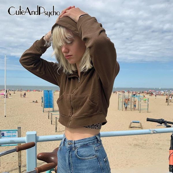 

vintage y2k brown cropped jackets women streetwear casual zip up basic hooded coats loose aesthetic 90s pink cuteandpsycho, Black;brown