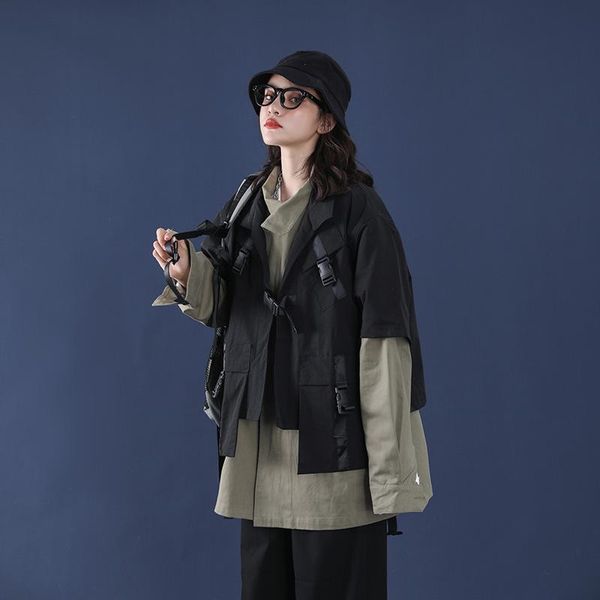 

2 pieces techwear streetwear hip hop vest men black loose oversize sport harajuku punk multi pockets casual ribbon tactical vest, Black;white