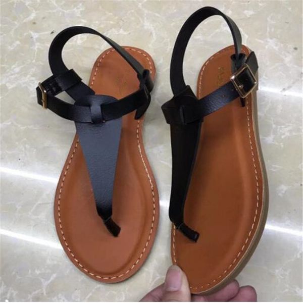 

womens sandals summer women flat shoes fashion flat heel open toe flip flops buckle leather sandal large size 37-41, Black