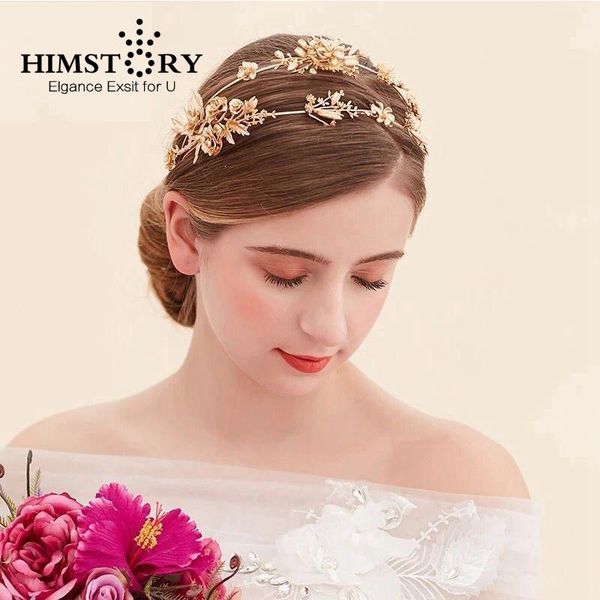 

himstory baroque style retro gold leaf flower wedding tiara crown double layer headband bridal hair accessory hairwear, Golden;silver