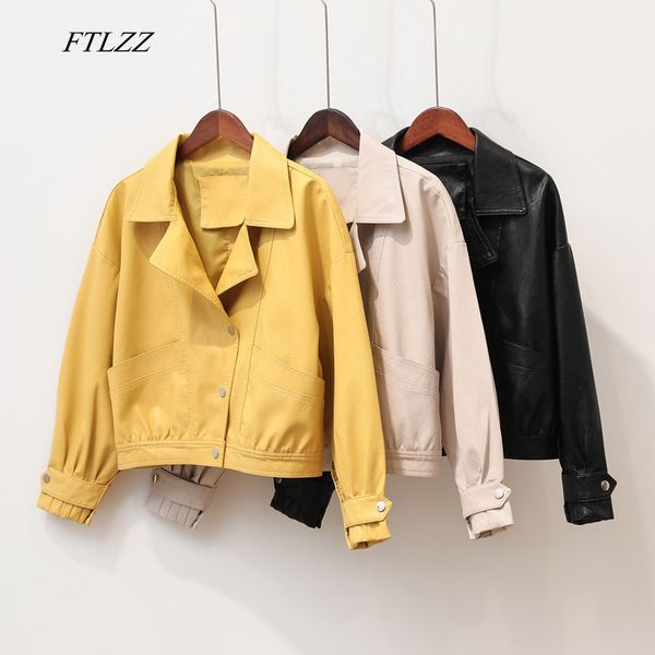 

ftlzz faux soft leather loose basic jackets women autumn turndown collar single breasted pu motorcycle black punk female outwear 201030