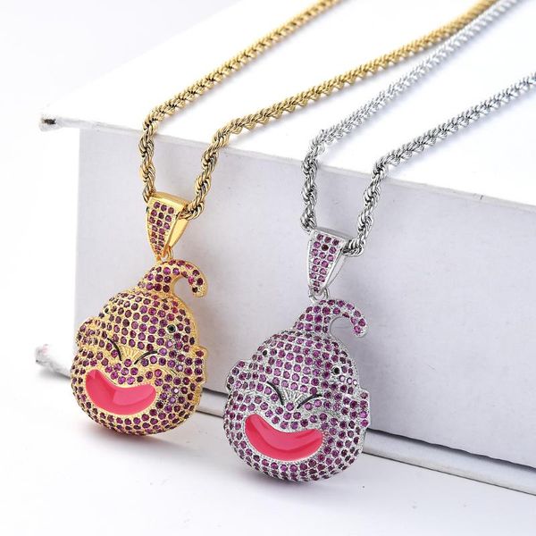 

pendant necklaces bling cartoon fat majin buu charm iced out pink cubic zircon stone gold necklace colar hiphop jewelry homme, Silver