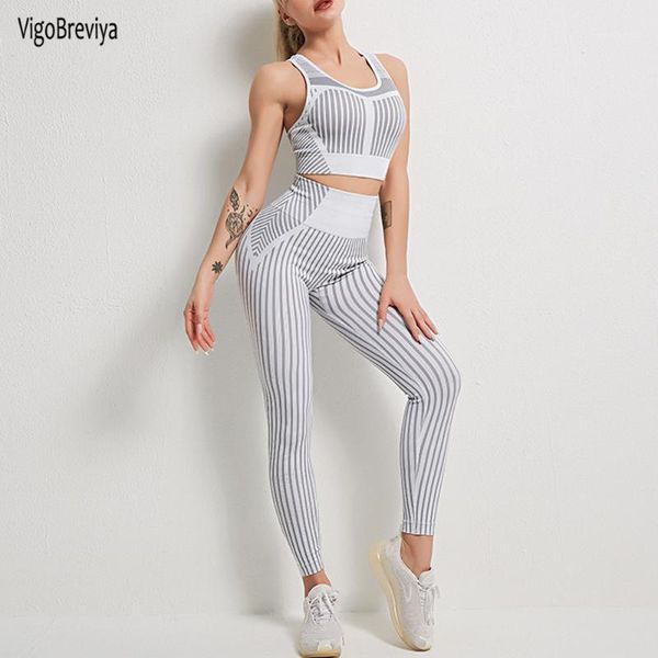 

yoga outfits vigobreviya striped seamless fitness suit high elastic sport workout set 2021 push up bra waist legging gym 2piece set1, White;red