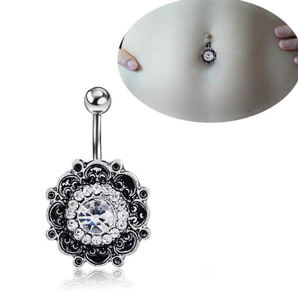 

vintage flower navel piercing crystal belly button rings summer body piercing ombligo navel piercings navel ring h sqcmga, Black