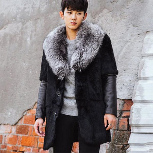 

men's fur & faux xs-5xl fashion winter clothes men coat long-style trench overcoat coats silver, Black
