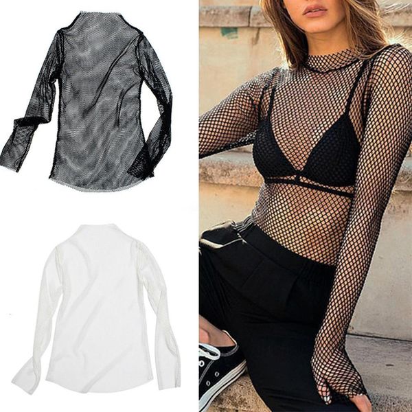 

summer women mesh see turtle neck long sleeve fish net fabala t-shirt high neck see-through hollow out transparent fishnet, White