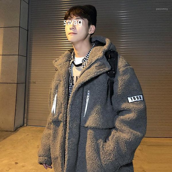 

winter new thickened lamb fur jacket men's warm fashion parka men solid color hooded coat man streetwear loose cotton jacket1, Black