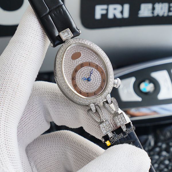 

version full drill dial reine de naples 8928 diamond 904l steel case 8928br lady watches cal.537/1mc automatic leather womens watch, Slivery;brown