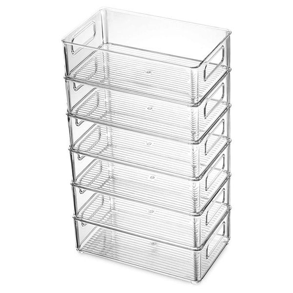 

6pcs refrigerator organizer bins stackable fridge organizers with cutout handles clear plastic pantry storage rack