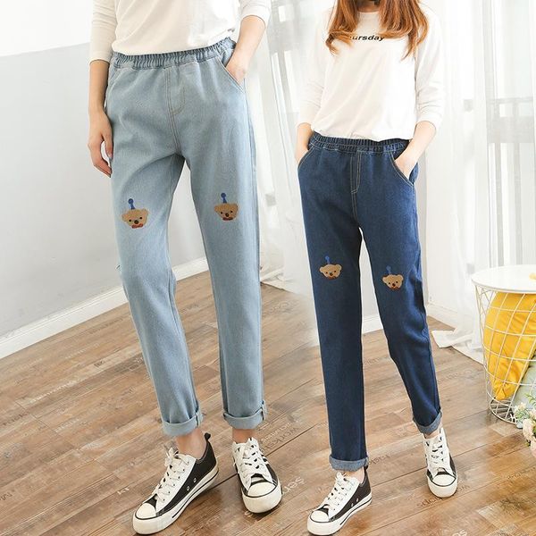 

women jeans cartoon embroidery straight pants elastic waist casual preppy style youth jeans1, Blue