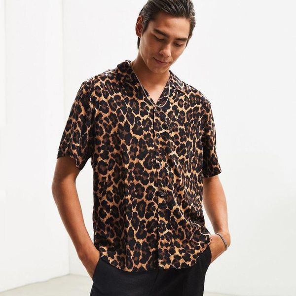 

men's summer shirt 2020 fashion casual lapel leopard short sleeve loose button beach feminina shirt blouse streetwear #451, White;black