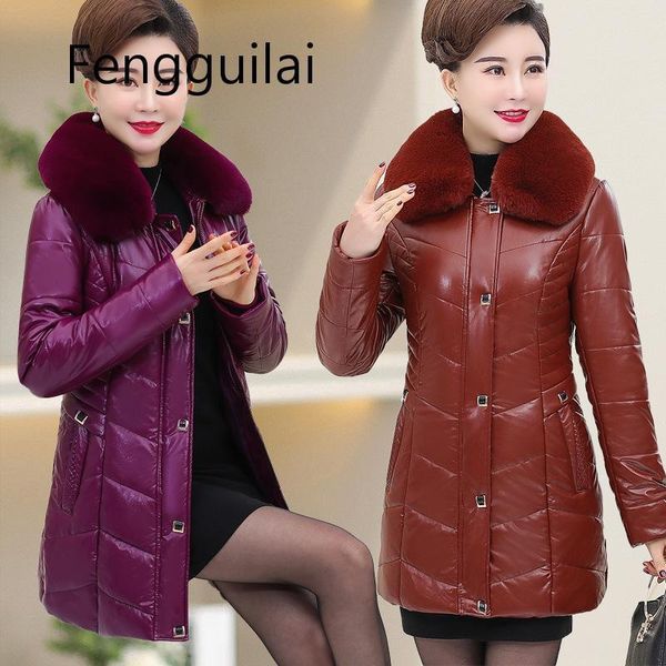 

large size pu leather coat women winter jacket 5xl middle-aged women's clothing eiderdown cotton warm coat brown, Black