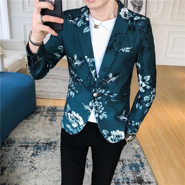 

new arrival blazer male hight quality flower printed single breasted blazer and jackets men fashion slim fit blazers for man1, White;black