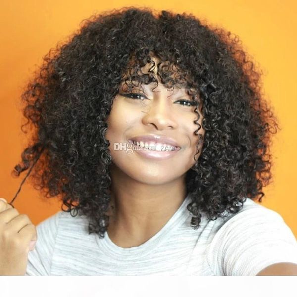 

afro brazilian kinky curly wig with bangs glueless 150 density african american front lace wigs human hair afro kinky curly human hair wigs, Black;brown
