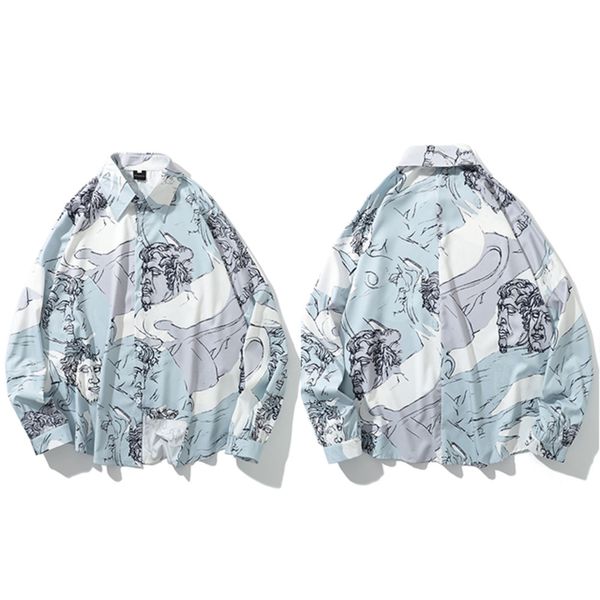 

fashion hip hop drop shoulder shirts men full sleeve streetwear characters print hawaiian shirt oversized summer autumn harajuku c1211, White;black