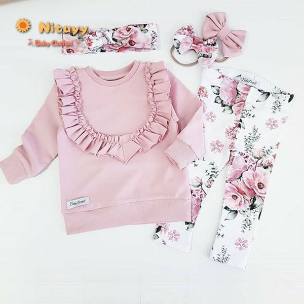 

baby girls clothes 3pcs floral flower pink outfit ruffle long sleeve pants trousers headband 2020 to poland lj200916, White