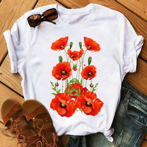 

red poppy women t shirt casual funny tshirts kawaii tees hipster tumblr female harajuku short sleeves shirts woman clothes, White