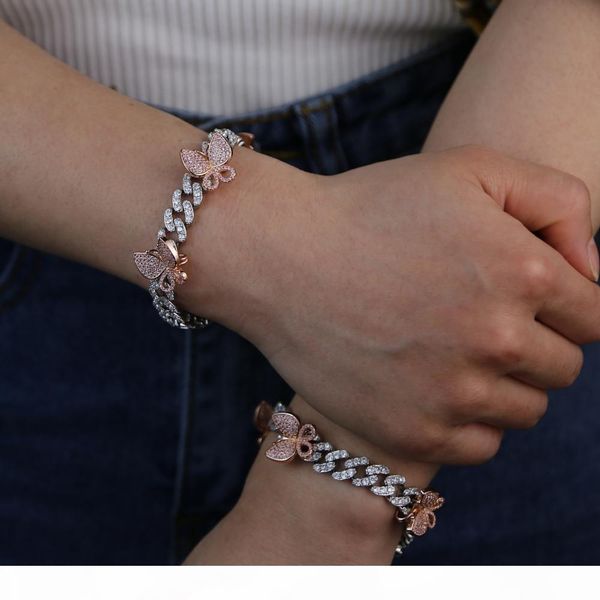 

rose silver color cz cuban leg chain anklet 2020 fashion women bling iced out cz cuban link chain pink butterfly anklet jewelry cx200704, Red;blue