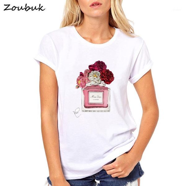

2018 harajuku t shirt women flower perfume t-shirt woman cotton short sleeves casual female t shirts plus size tees1, White