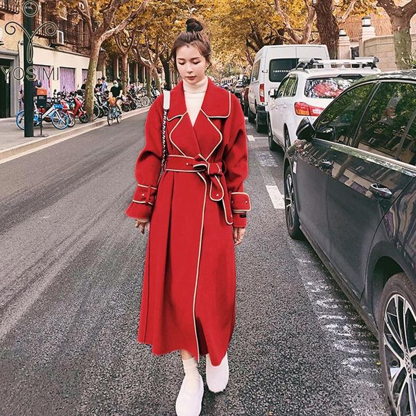 

yosimi red wool long women coat 2020 autumn winter maxi loose wide-waistrd turn-down collar maxi plus size women woolen jacket, Black