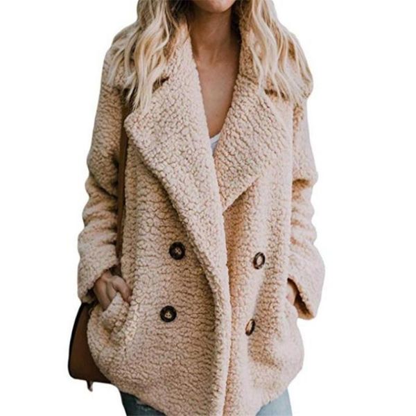 

european and american women's plush button lapels pocket jacket coats spring and autumn double-breasted short casual jacket, Black;brown