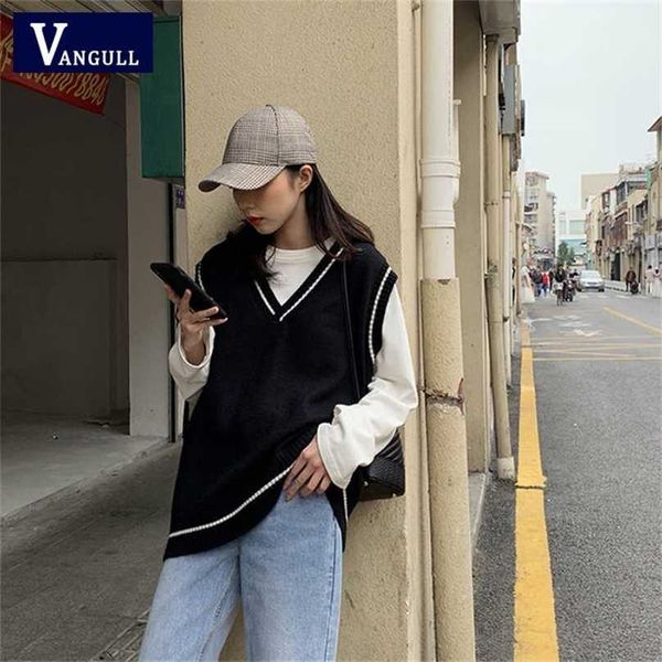 

vangull women vest simple all-match patchwork korean style v-neck knitted sweater leisure student sleeveless female vintage vest 220125, Black;white