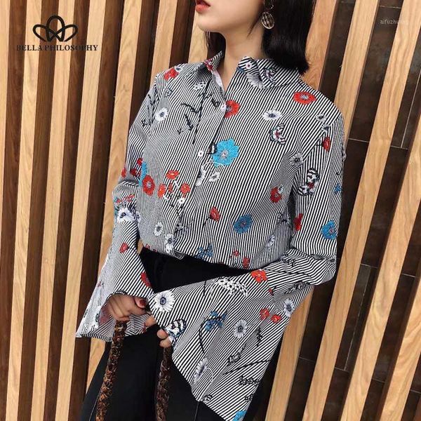 

herstory 2020 new spring women striped shirts fashion loose print floral female shirts flare sleeve casual vintage shirt1, White