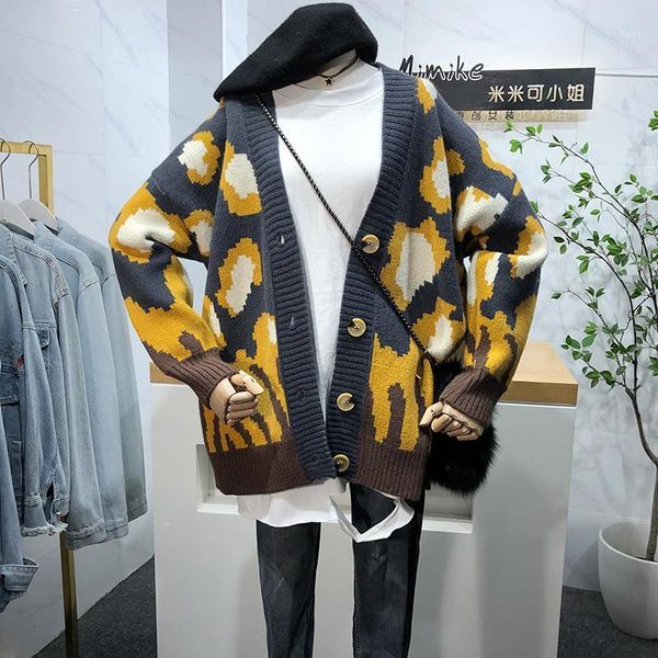 

autumn and winter new korean version of leopard print contrast color v-neck sweater jacket women loose lazy cardigan fashion1, White