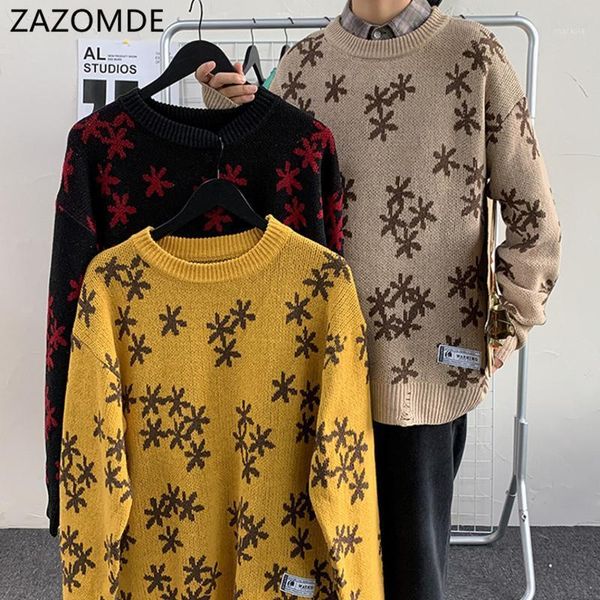 

2020 snowflake men's round-collar knitted sweaters retro knit japanese men clothing vintage sweater patch pullover men's sweater1, White;black