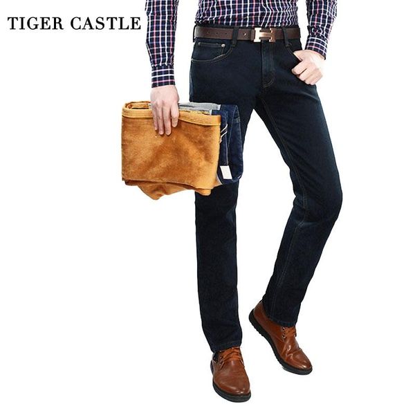 

tiger castle mens winter fleece jeans classic stretch warm flannel denim pants elastic male jeans designer men's warm trousers, Blue