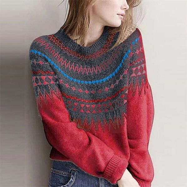 

dugujunyifashion women's spring ethnic style sweater patchwork o-neck long sleeves knitted sweater fashion casual pretty sweater y20072, White;black