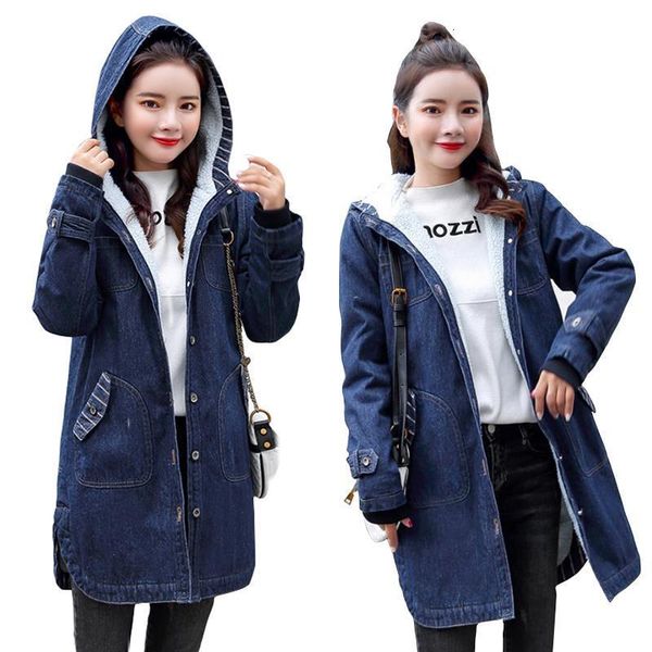 

fashion winter hooded denim jacket for women korea style autumn lamb lining jeans coat female warm long outwear plus size 5xl, Black;brown