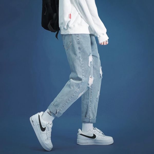 

men's jeans fashion brand broken hole pants thin torn solid cotton straight tube loose vintage washed streetwear, Blue