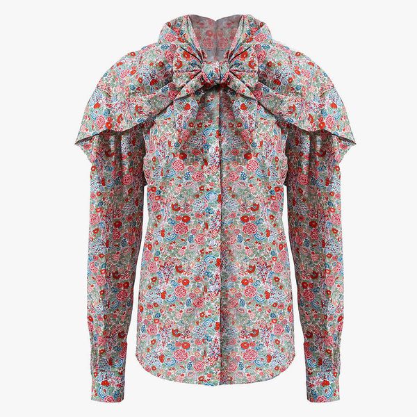 

2020 autumn new elegant neck personalized modeling collar floral print long sleeve shirt, White