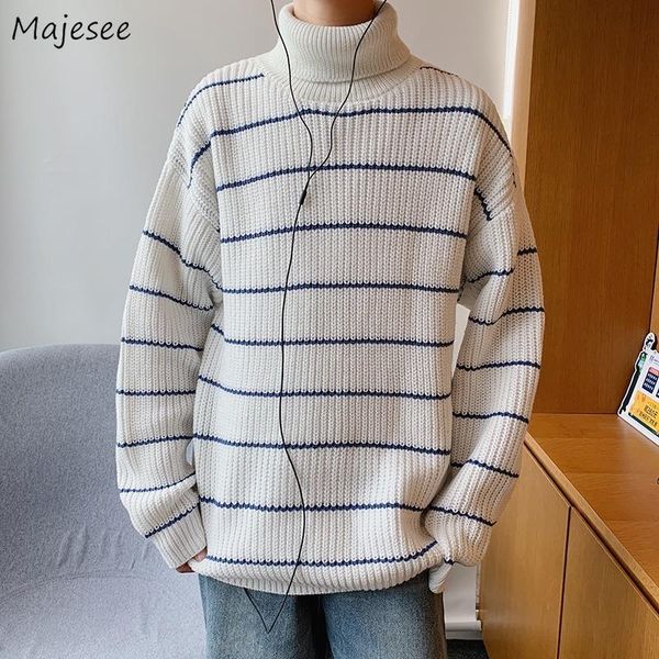 

men turtleneck sweater pullover striped korean fashion trendy big size 2xl simple loose casual leisure students thicken warm, White;black