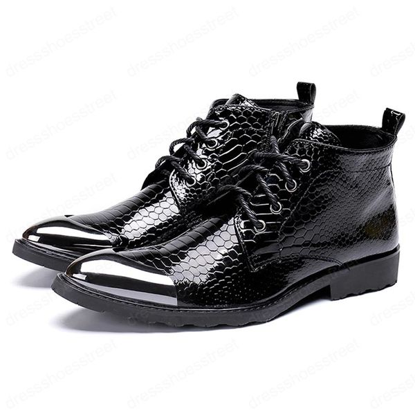 Plus Größe Neue Luxus Metall Kappe Mann Handgemachte Alligator Muster Schuhe Patent Leder Schnürsenkel männer Stiefeletten