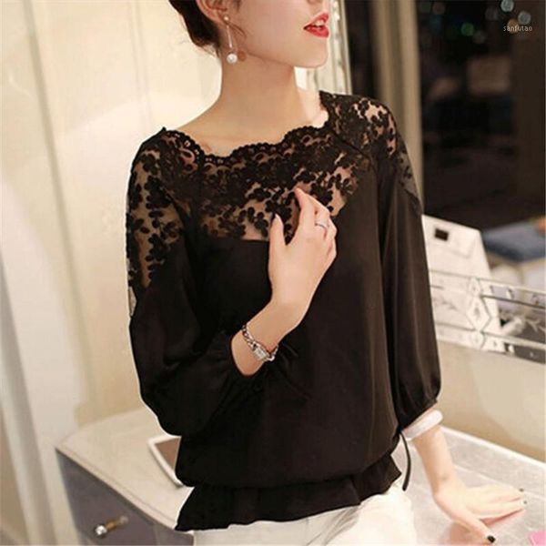 

summer shirts women summer o-neck lace hollow out off shoulder long sleeve casual shirts solid chiffon women blouse1, White