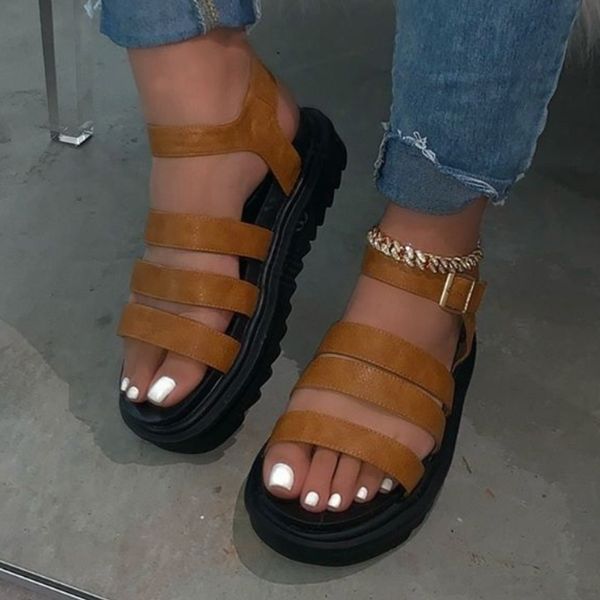 

metal buckle ladies travel spring/summer new women three-layer leather thick bottom non-slip sandals outdoor beach slipper y200405, Black