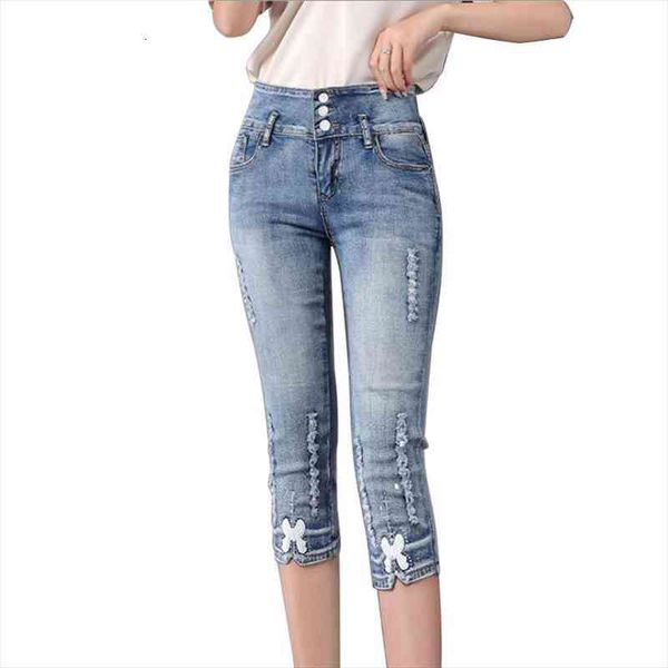 

summer high waist skinny capris jeans woman female stretch knee length denim pencil pants, Blue