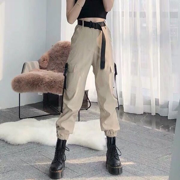 

2021 new the fashion self elastic belt load female loose streetwear pants plus style tcae, Black;white