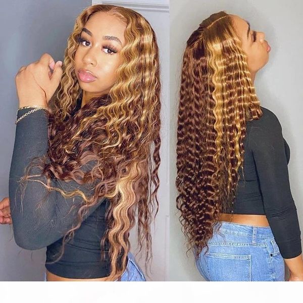 

150% curly human hair wig honey blonde ombre brazilian brown color deep water wave hd full frontal highlight bob lace front wigs, Black;brown