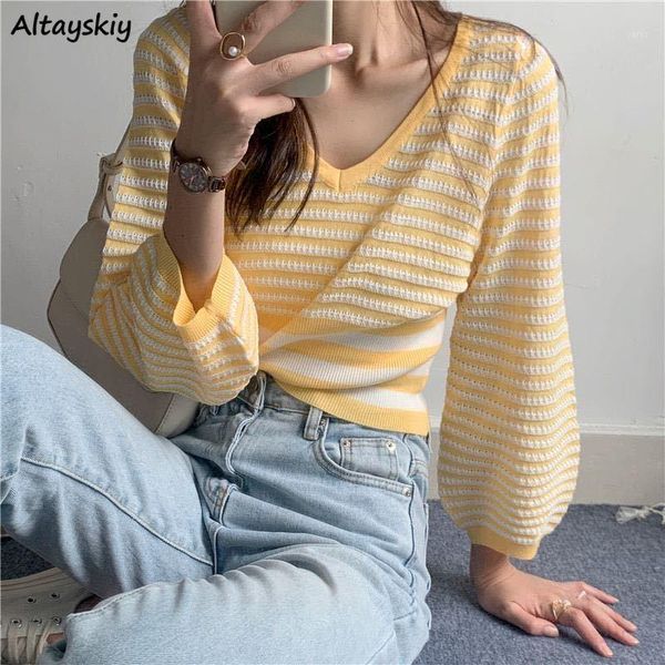 

pullovers women sweaters crop v-neck puff sleeve stripe lady elegant fashion harajuku korean womens loose daily street1, White;black