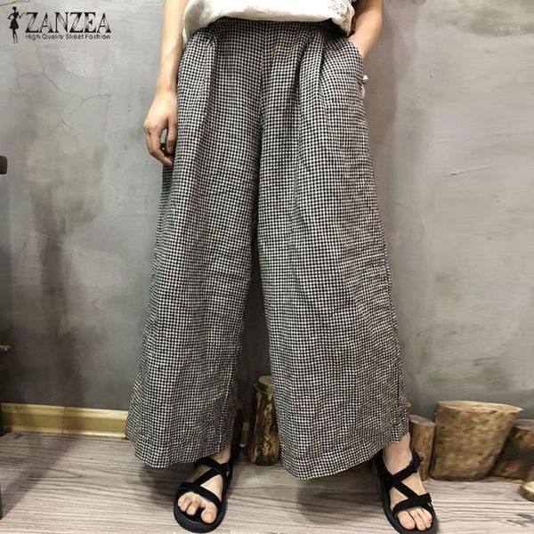 

zanzea 2019 autumn wide leg trousers casual women plaid check pockets cotton linen pants retro loose long pantalon plus size1, Black;white