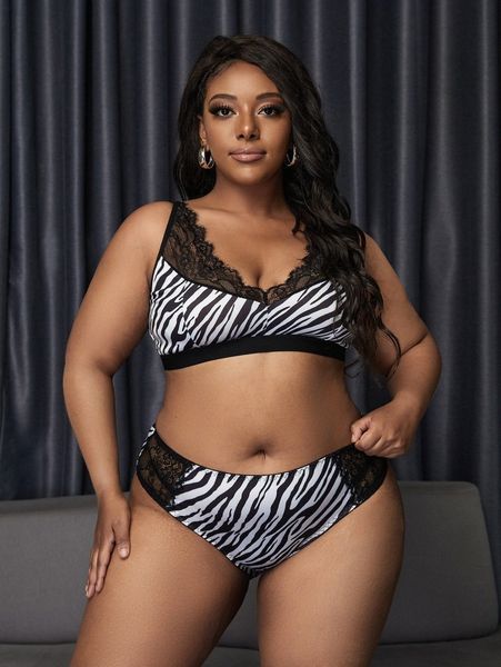 

plus zebra stripe contrast lace lingerie set a8kf#, Black;white