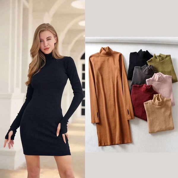 

ins style dress autumn solid elastic thread slim long sleeve open finger buttock skirt 863, Black;gray