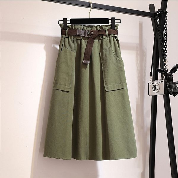 

gigogou spring summer a line women skirt with pocket high waist beit pleated skirt knee length female casual skirt q1209, Black