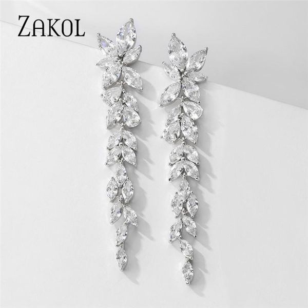 

dangle & chandelier zakol luxury marquise cluster shiny leaf shape cubic zirconia long drop earrings for brides wedding jewelry fsep2605, Silver