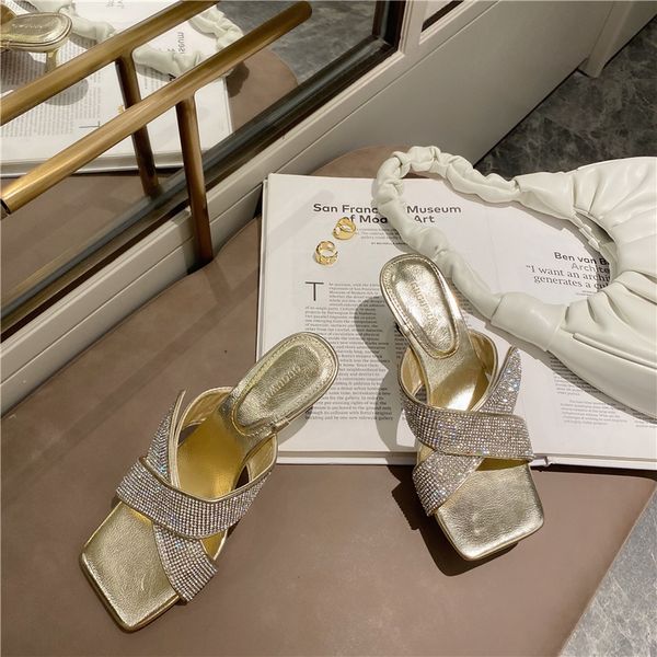 

summer new 2020 female luxury bling crystal high-heeled mules toe open-toed straps gold strass slides designer shoes party 8fsw, Black