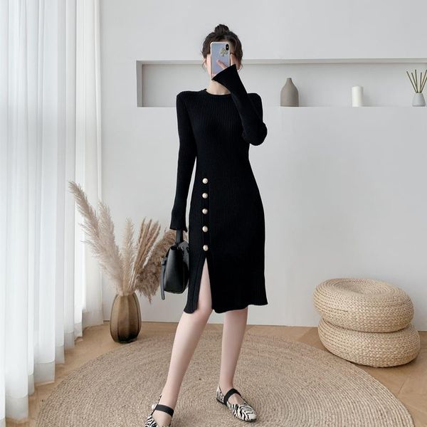 

real s2021 autumn winter long sleeve black women's slim bottoming with medium length split sweater knitted dress, Black;gray